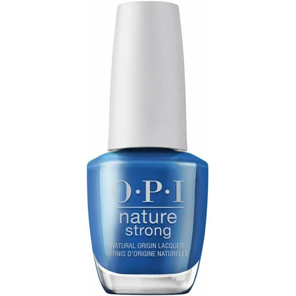 Flacone di smalto per unghie blu con tappo bianco. OPI Nature Strong. Origine naturale.