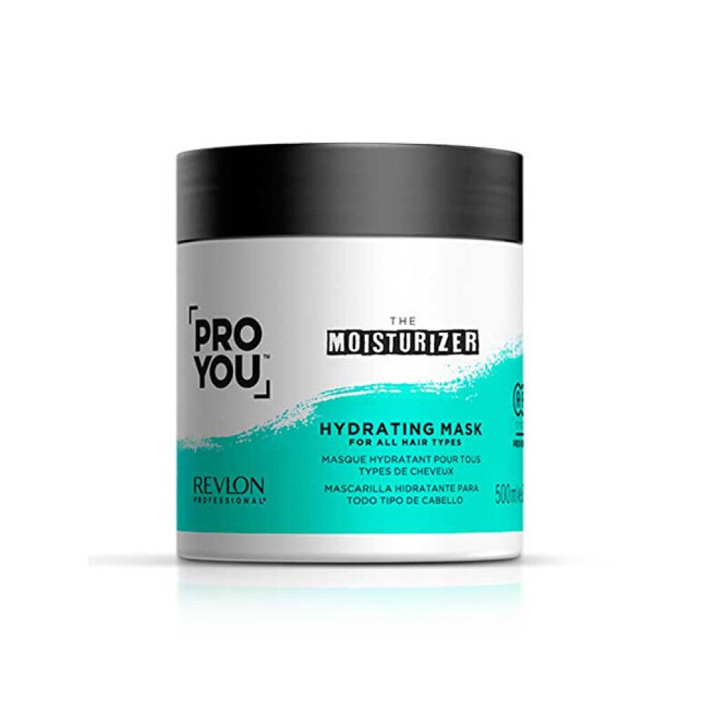 Vaso bianco, coperchio nero. Scritta: PRO YOU, THE MOISTURIZER, HYDRATING MASK. Sfondo turchese. 500ml.
