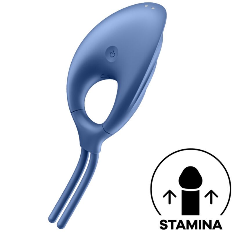 Satisfyer Swordsman Ring Vibrator blu, vista laterale con simbolo di resistenza.