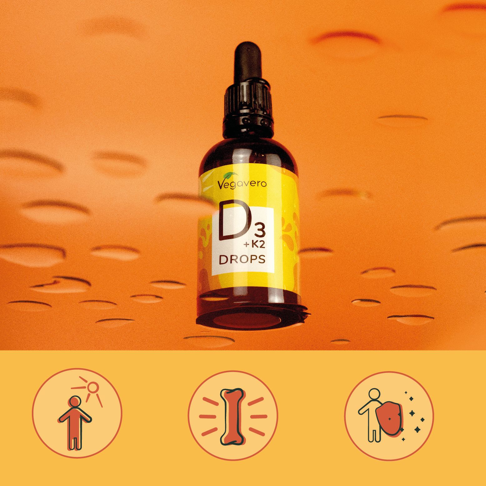 Flacone di gocce di Vitamina D3+K2 Vegavvero con contagocce e spiegazioni su produzione vegana e tedesca.