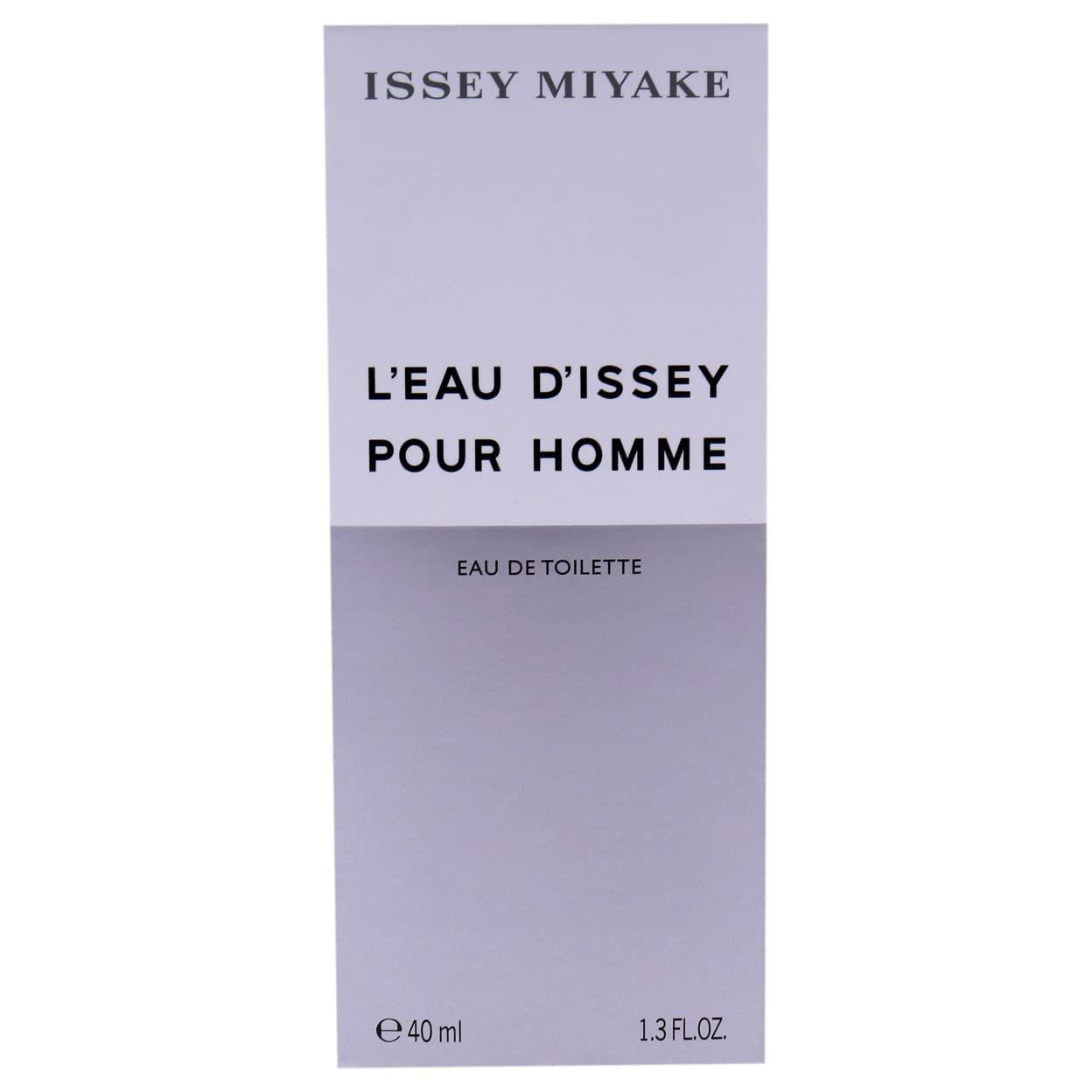 Confezione. Bianco-lilla. Scritta: L'EAU D'ISSEY POUR HOMME e ISSEY MIYAKE. Testo: Eau de Toilette, 40 ml, 1.3 fl.oz.