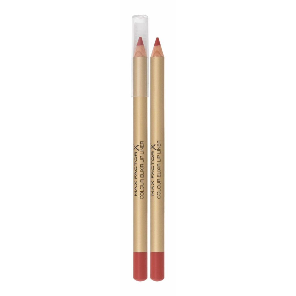 Due matite labbra rosse con astucci dorati e cappucci trasparenti. Scritta: Max Factor Colour Elixir Lipliner.