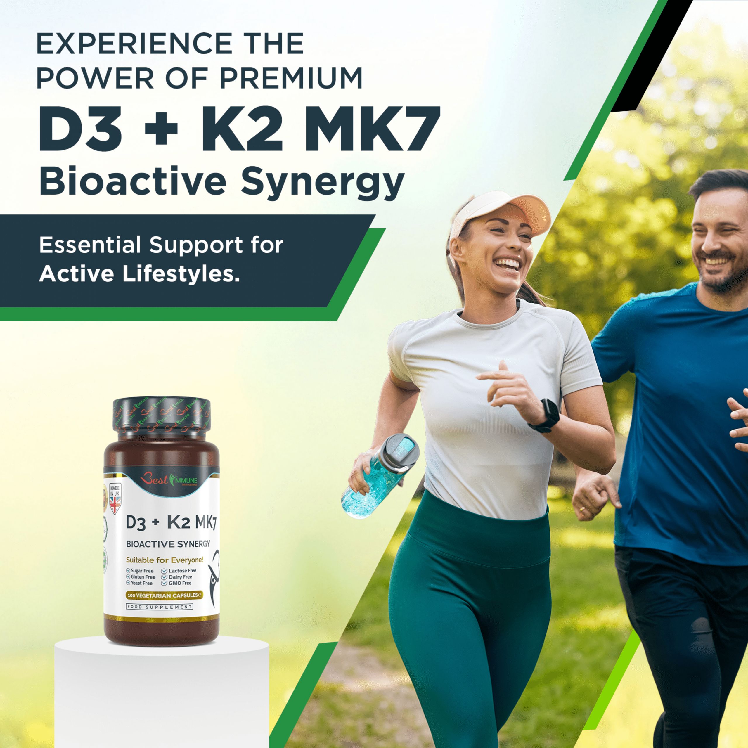 Persone che fanno jogging. Flacone di capsule. Scritta: D3 + K2 MK7. Marchio: Best Immune. Sfondo: natura.
