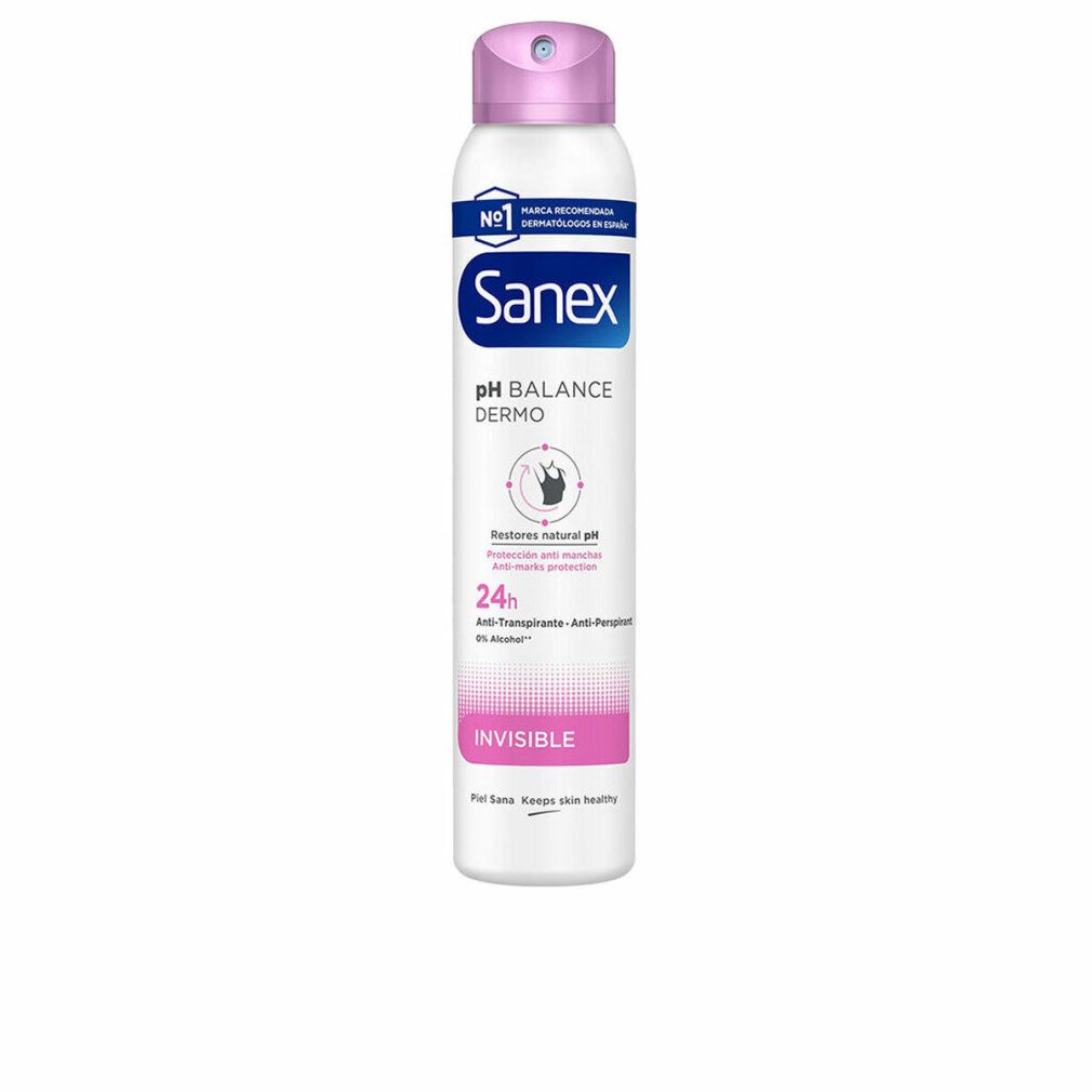 Spray Sanex pH Balance Dermo Invisible. Flacone bianco con erogatore rosa. Scritte: Invisible, pH Balance Dermo, Sanex.