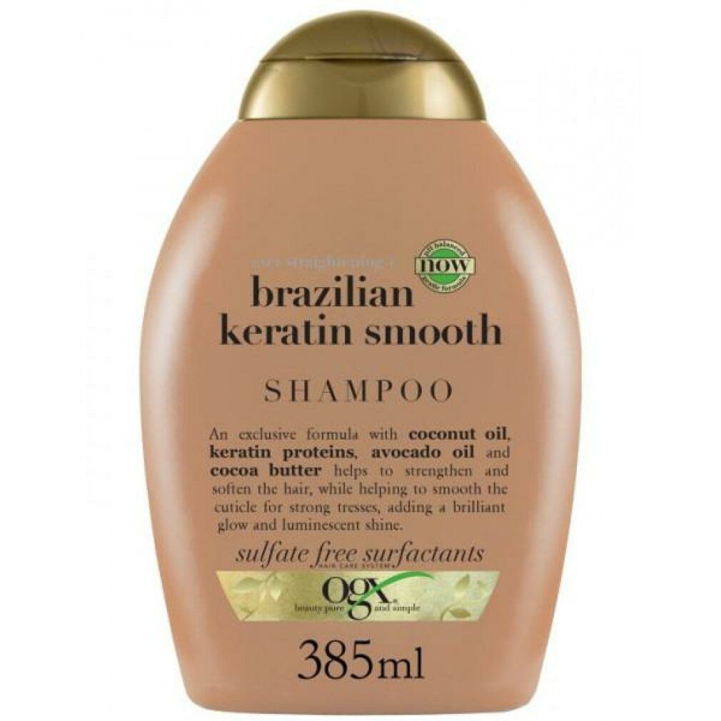Flacone di shampoo beige con tappo dorato. Scritta: Brazilian Keratin Smooth Shampoo. Contiene olio di cocco, proteine della cheratina.
