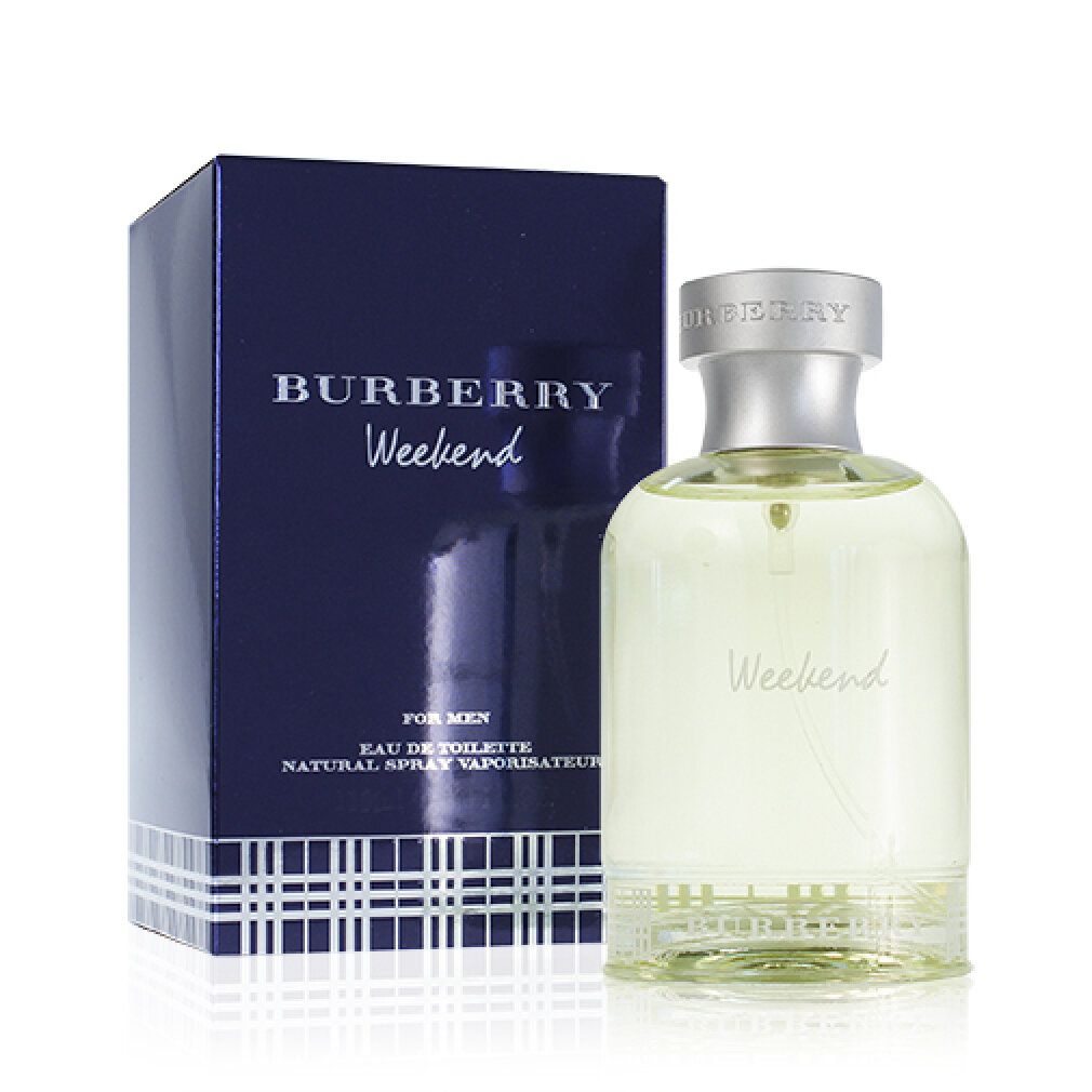 Flacone e scatola Burberry Weekend. Testo: Burberry Weekend, For Men, Eau de Toilette, Natural Spray Vaporisateur.