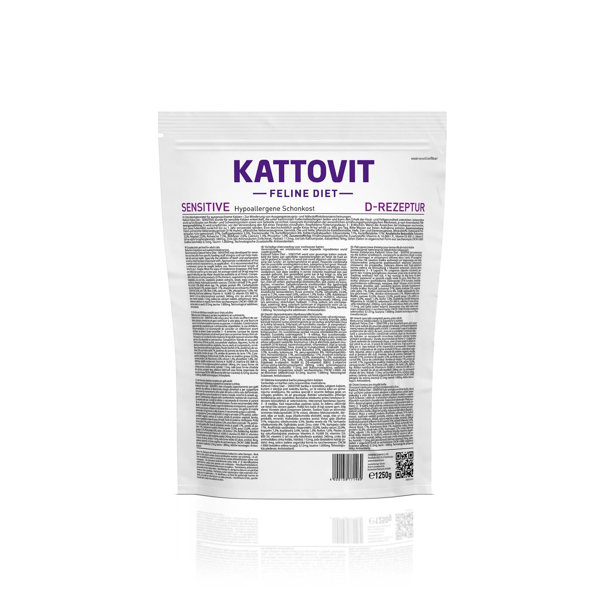 Confezione bianca con testo. Scritta KATTOVIT Sensitive Feline Diet. D-Rezeptur. Testo in più colonne.