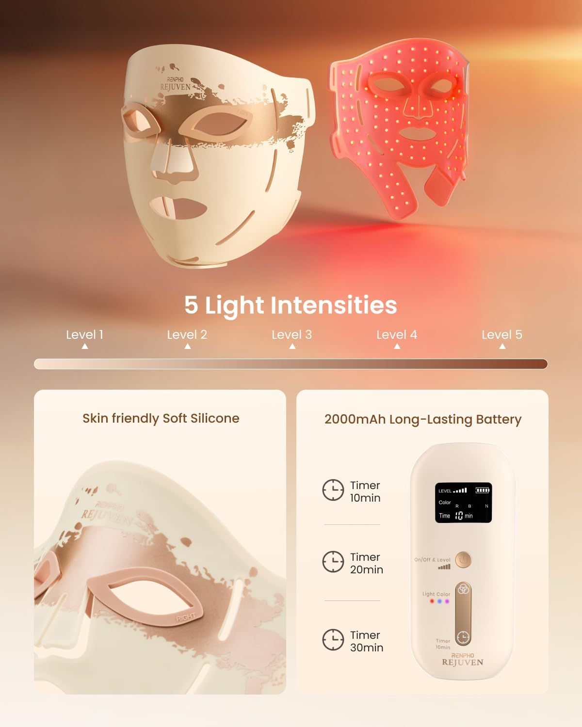 Due maschere facciali. 5 intensità luminose. Silicone morbido. Batteria con funzione timer e display.