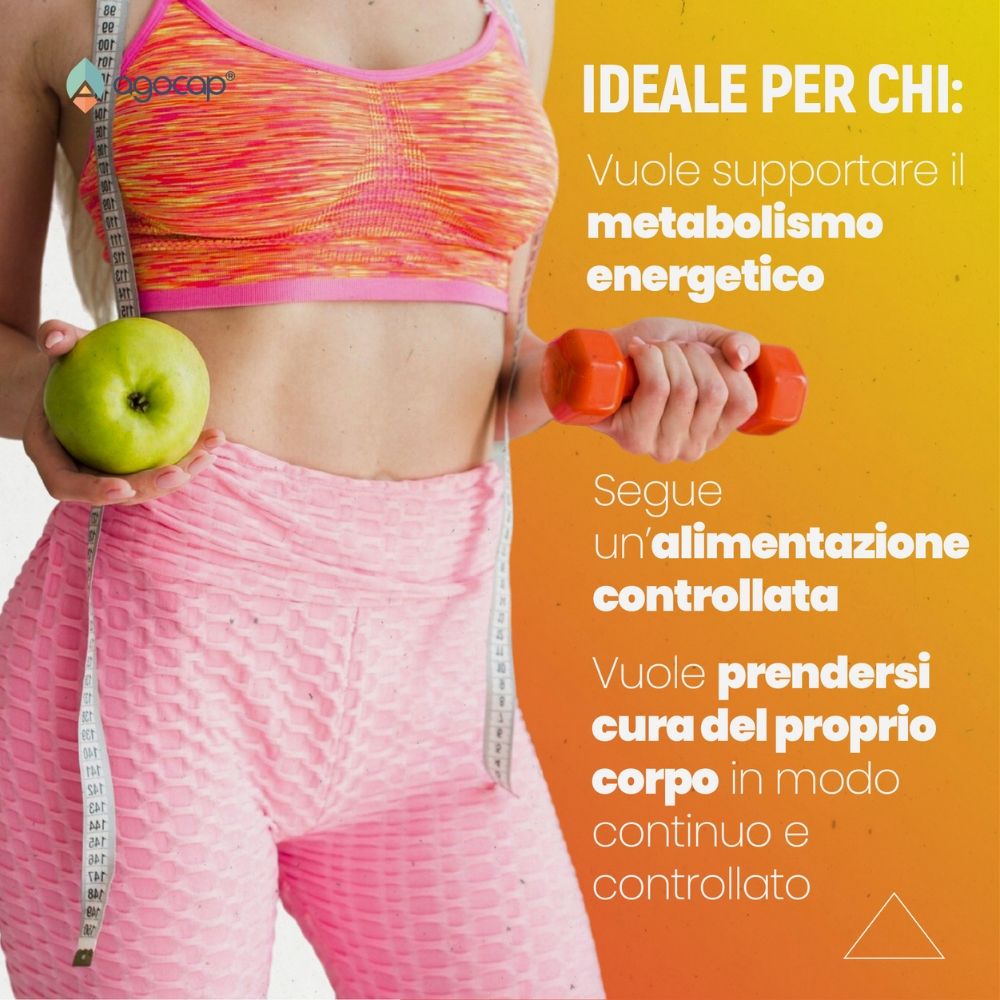 Donna con mela e metro. Testo: Ideale per chi supporta il metabolismo energetico e segue un'alimentazione controllata.