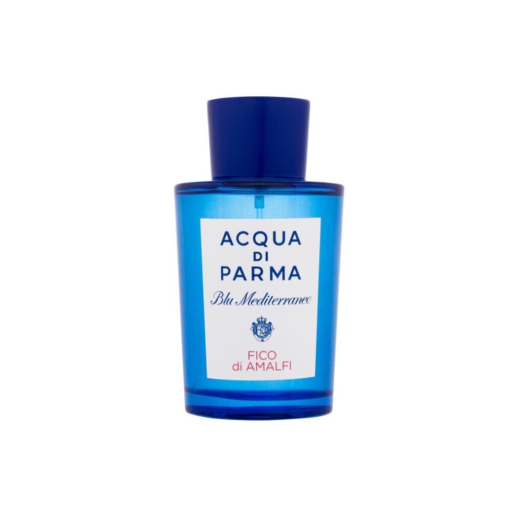 Flacone di profumo blu con tappo blu. Scritta: Acqua di Parma, Blu Mediterraneo, Fico di Amalfi.