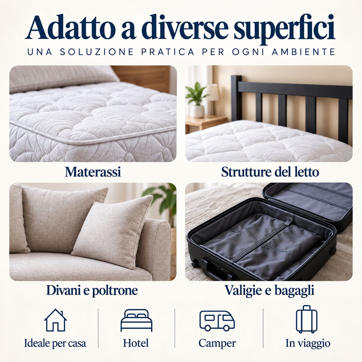 Quattro immagini mostrano diverse superfici: materassi, strutture del letto, divani e valigie, trattabili con il prodotto.
