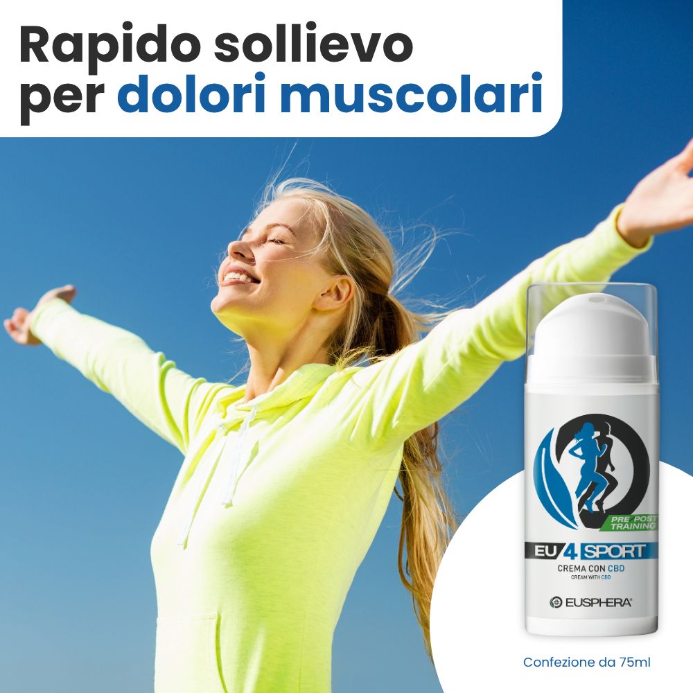Donna con le braccia alzate. EU4SPORT, Crema con CBD, Eusphera. Confezione da 75ml.