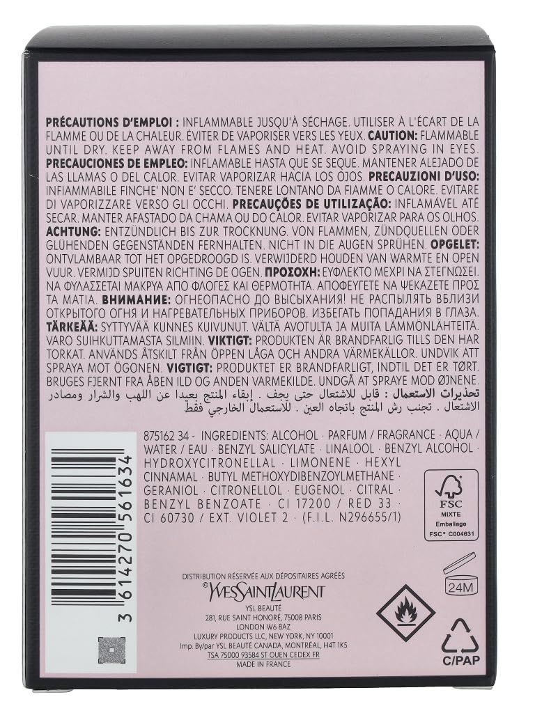 Retro della confezione con testo multilingue, ingredienti e informazioni di sicurezza.