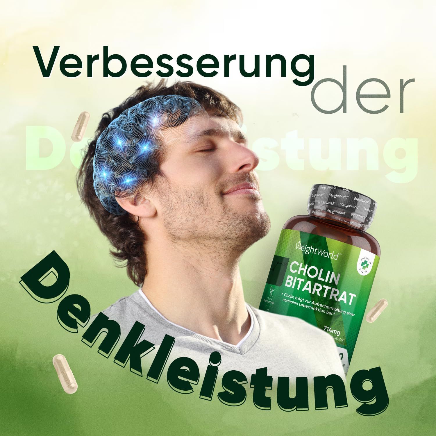 Uomo con illustrazione del cervello e flacone di Cholin Bitartrato. Testo: Miglioramento delle prestazioni cognitive.