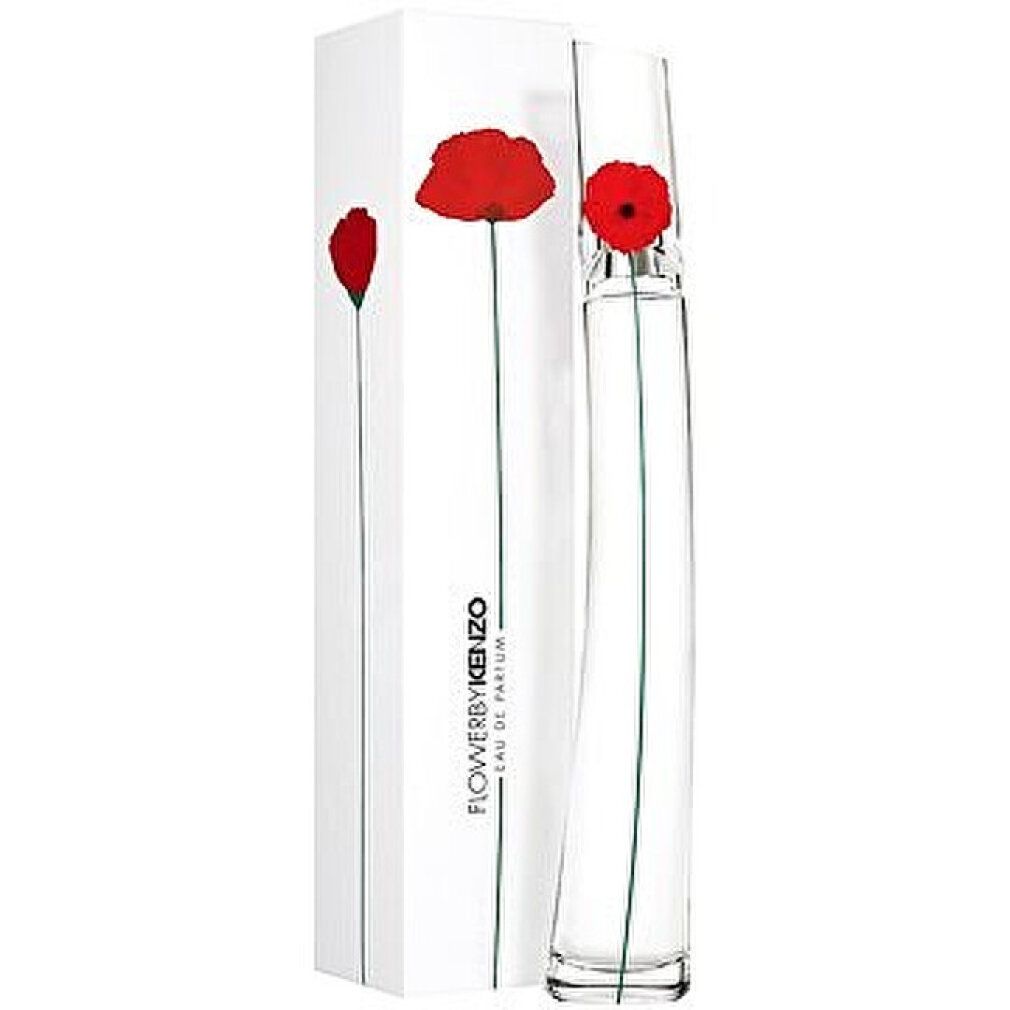 Flacone di profumo e confezione. Scatola bianca con papavero rosso. Flacone con stelo verde e rappresentazione floreale.