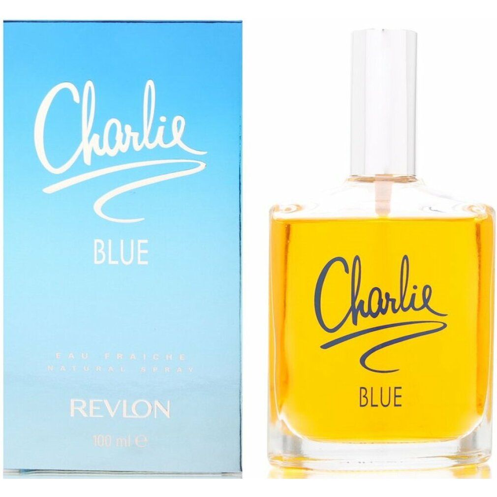 Flacone e scatola di Charlie Blue. Scritta Charlie Blue, Revlon e 100 ml. Sfondo azzurro.