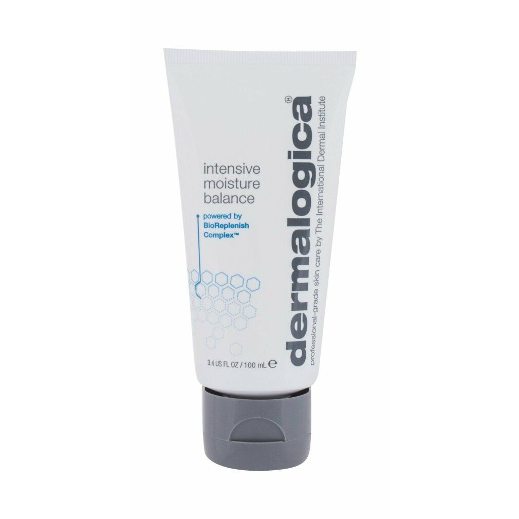 Tubo bianco con tappo grigio. Scritta: intensive moisture balance, Dermalogica. 3.4 US FL OZ / 100 mL.