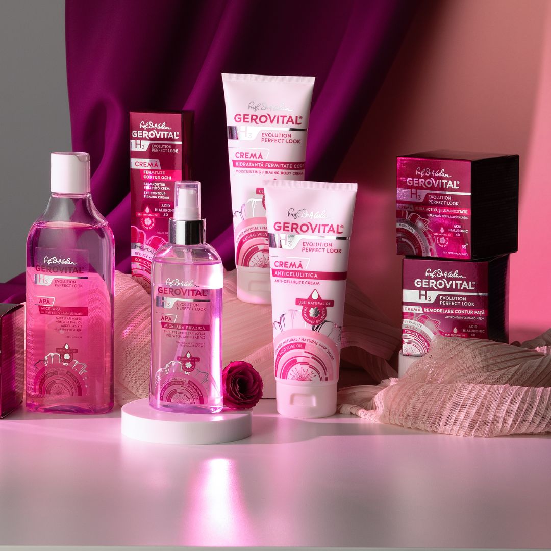 Diversi prodotti: bottiglie, spray, creme e scatole. Scritta: Gerovital. Confezioni rosa e bianche.