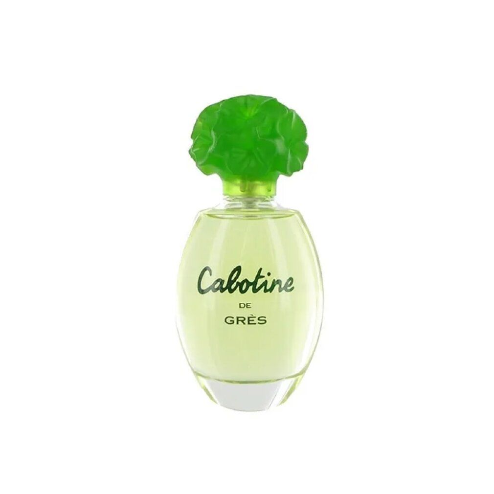 Flacone ovale in vetro con tappo verde a forma di fiore. Scritta: Cabotine de Grès.