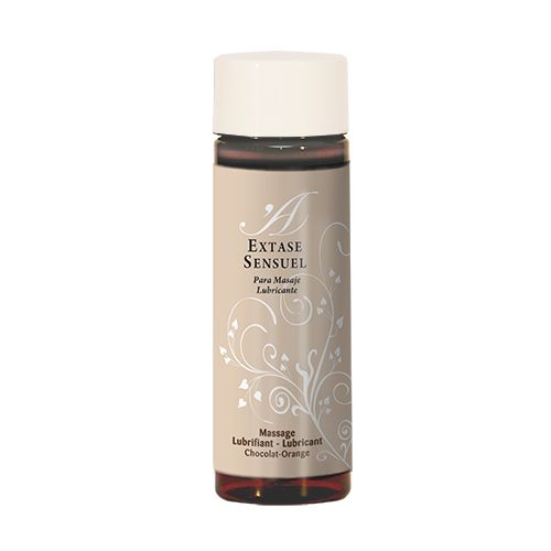 Flacone di Extase Sensuel Lubrificante, Cioccolato-Arancia. Tappo chiaro, etichetta beige con motivo floreale.