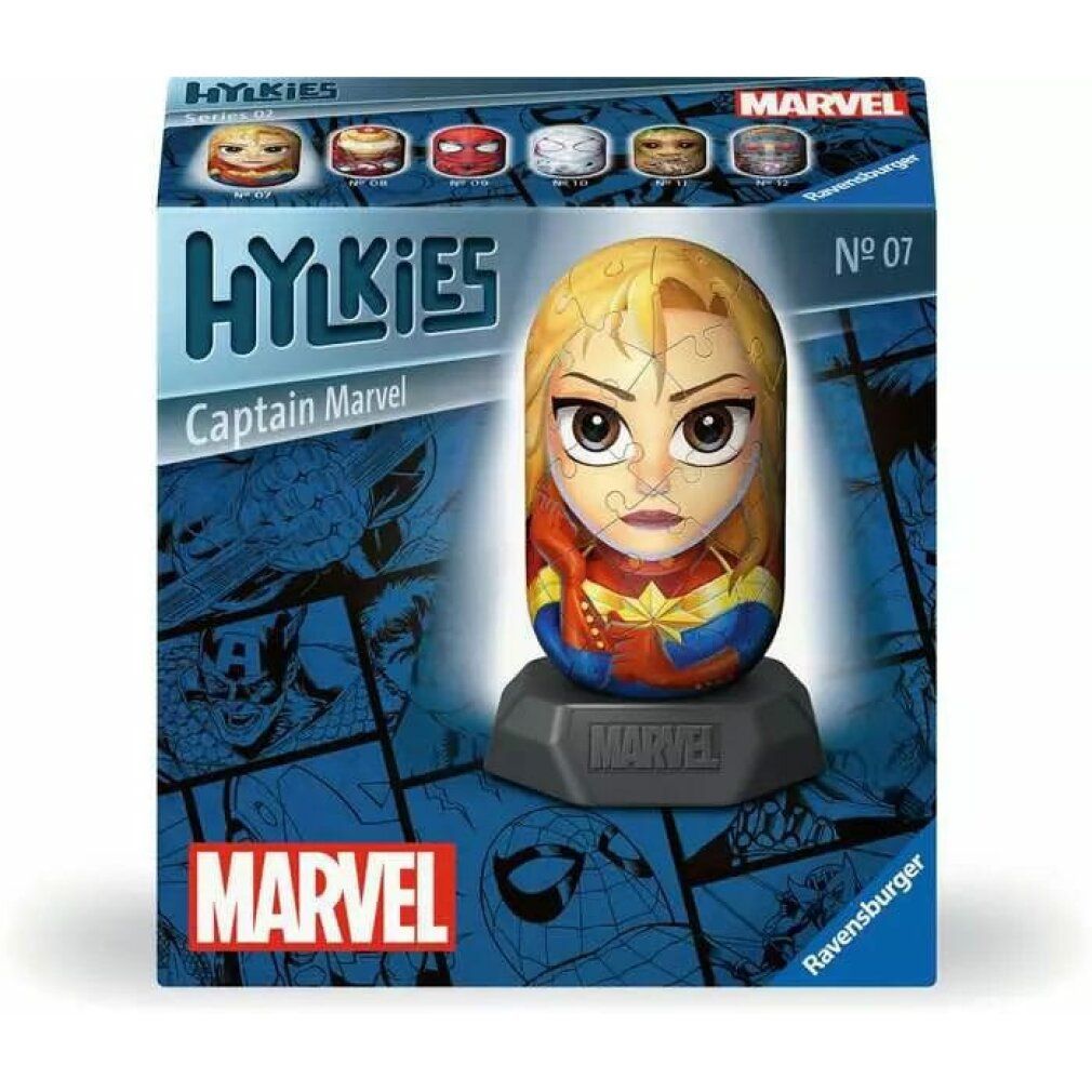 Scatola del puzzle 3D Captain Marvel Hylkies. Puzzle ovale su base. Logo Marvel. Scritte Hylkies e Captain Marvel.