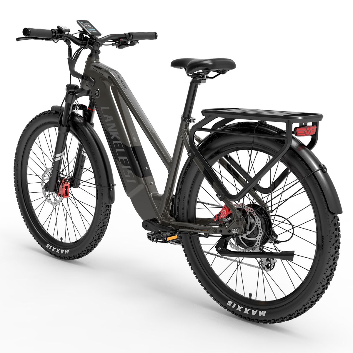 E-bike da trekking Lankeleisi MX600 Pro. Telaio grigio, pneumatici neri. Freni a disco, portapacchi. Manubrio con display. Vista posteriore.