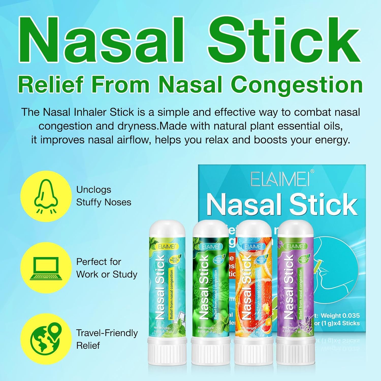 Quattro stick nasali in una scatola. Gli stick sono bianchi e stampati a colori. La scatola dice 'Nasal Stick'.