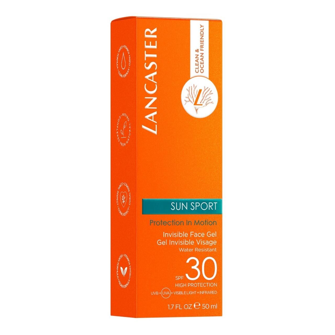 Confezione arancione Lancaster Sun Sport Invisible Face Gel SPF30. Testo e loghi.