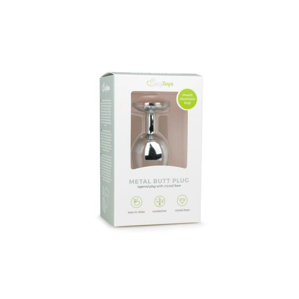 Confezione di un plug anale argentato in metallo con pietra decorativa.