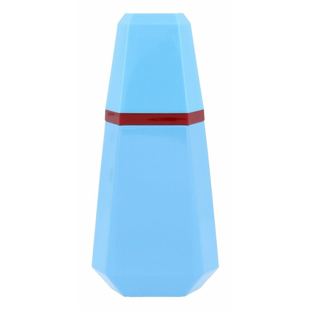 Flacone di profumo azzurro con fascia rossa.