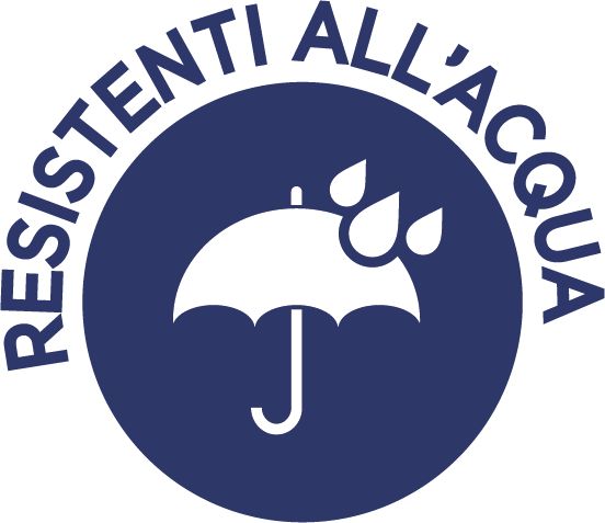 Simbolo rotondo blu con testo bianco: 'RESISTENTI ALL'ACQUA' e un ombrello con gocce d'acqua.