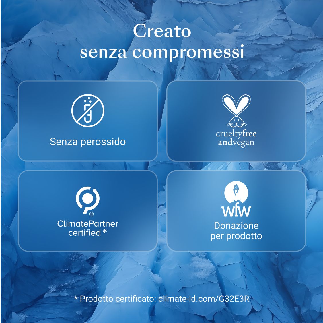 Quattro loghi su sfondo blu. Testo: Senza perossido, Crueltyfree, ClimatePartner, wfw Donazione.