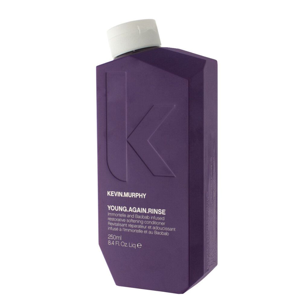Flacone viola con tappo bianco. Scritta: Kevin Murphy, Young.Again Rinse. 250 ml.