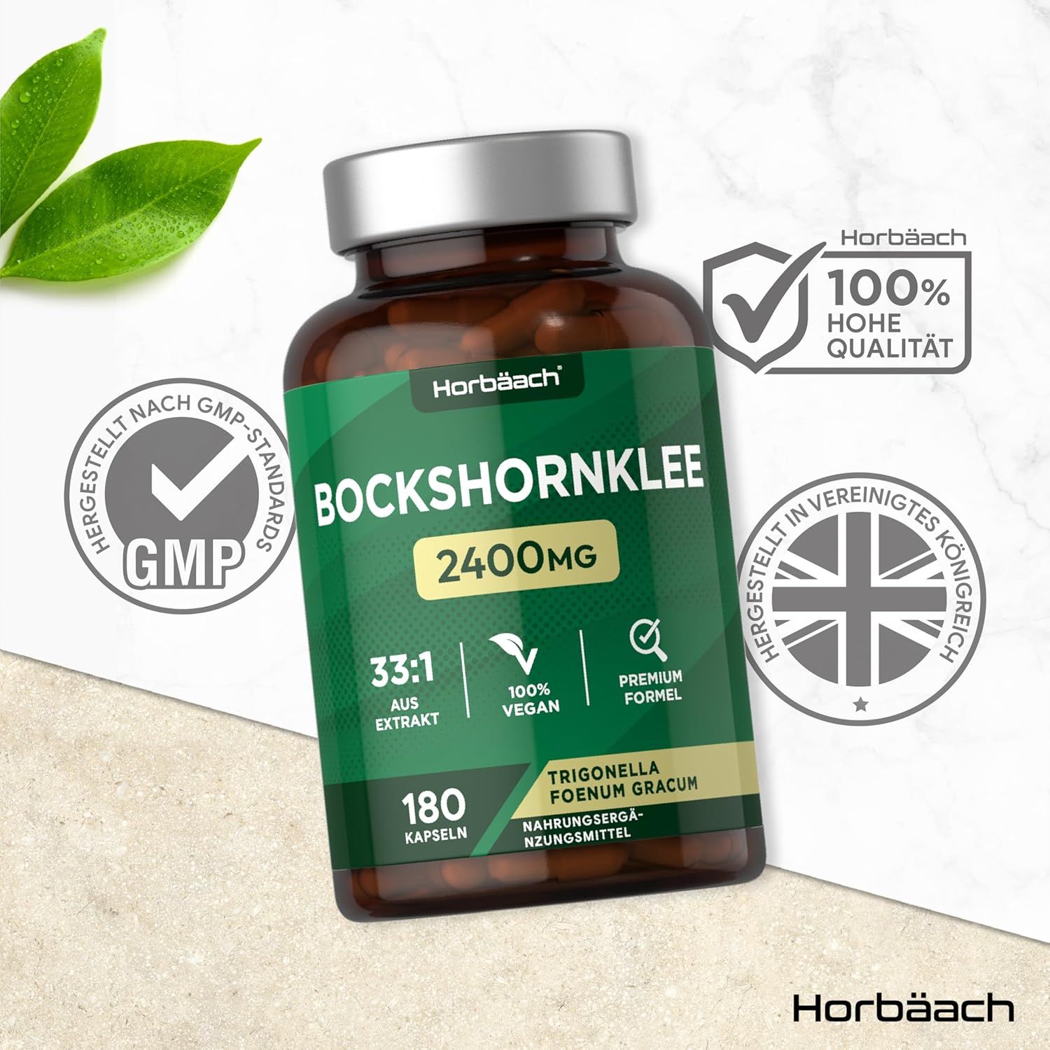Flacone marrone con etichetta verde. Bockshornklee 2400mg, 180 capsule. GMP, 100% alta qualità. Prodotto nel Regno Unito.