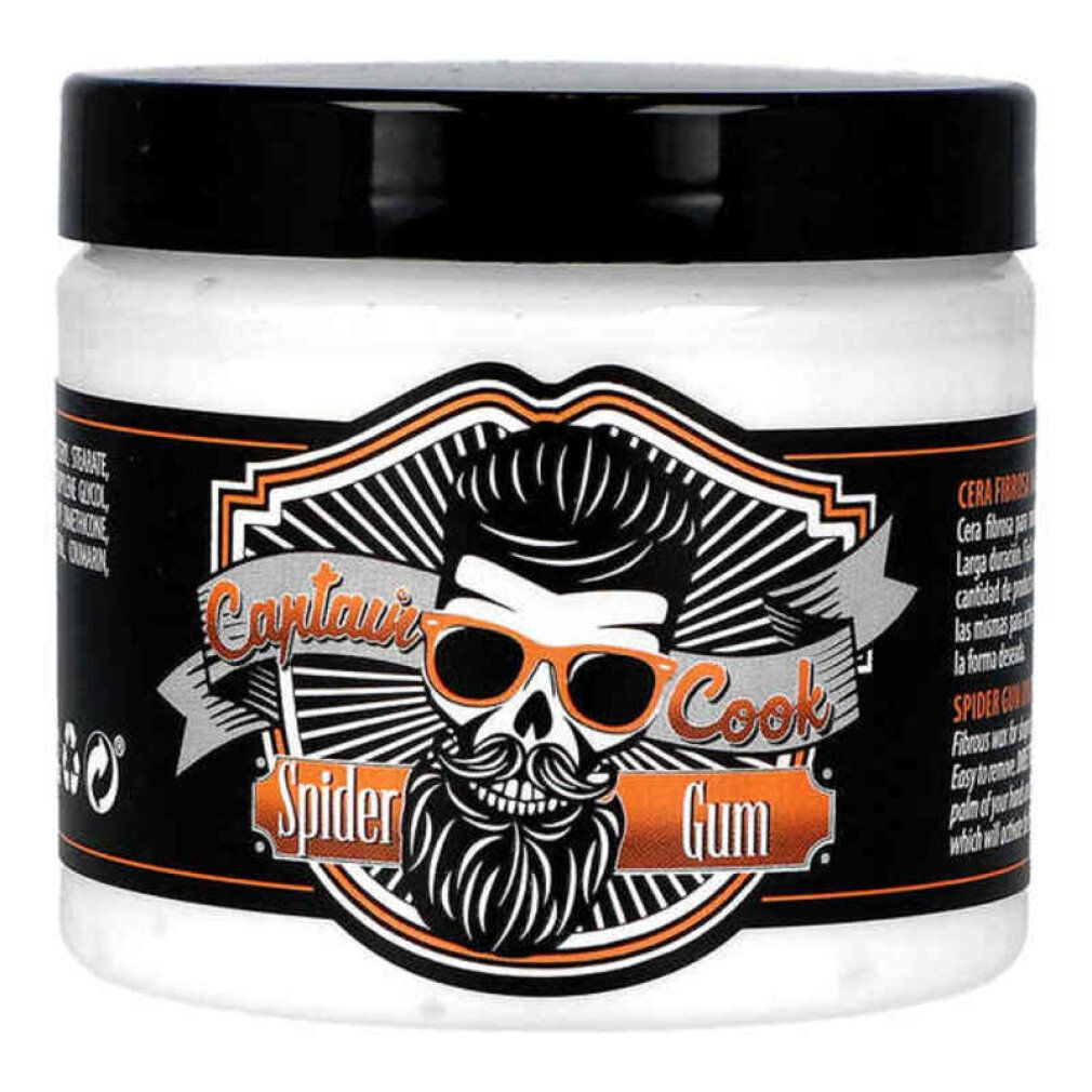 Vasetto bianco con coperchio nero. Etichetta con scritta Captain Cook Spider Gum e illustrazione barba.