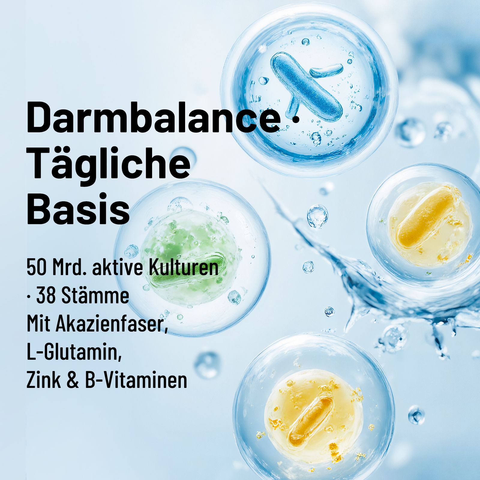 Base Giornaliera Darmbalance: 50 miliardi di colture, 38 ceppi, fibra di acacia, L-glutammina, zinco e vitamine B in strutture cellulari.