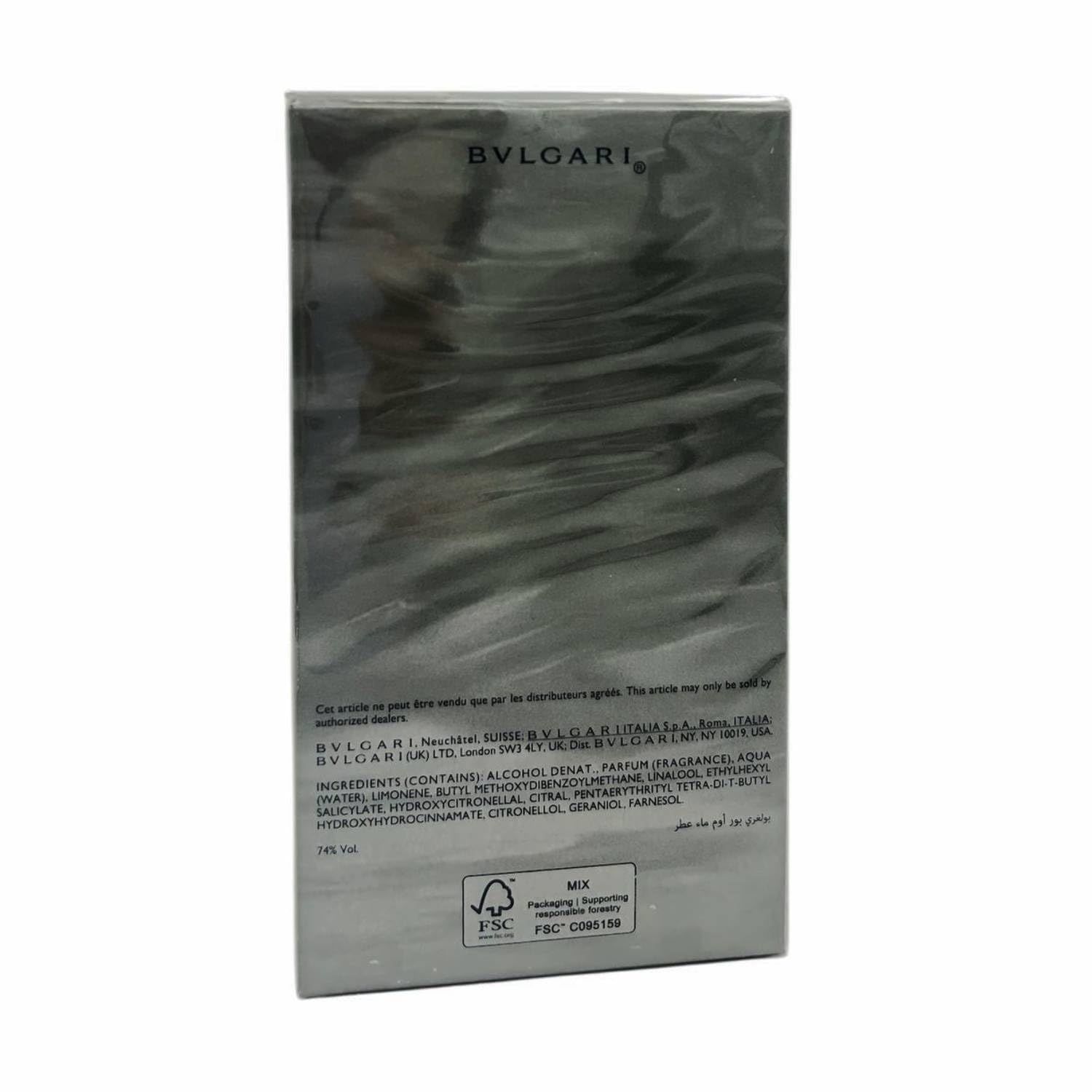 Confezione grigia con testo. Scritta: BVLGARI. Logo FSC. Testo in più lingue.