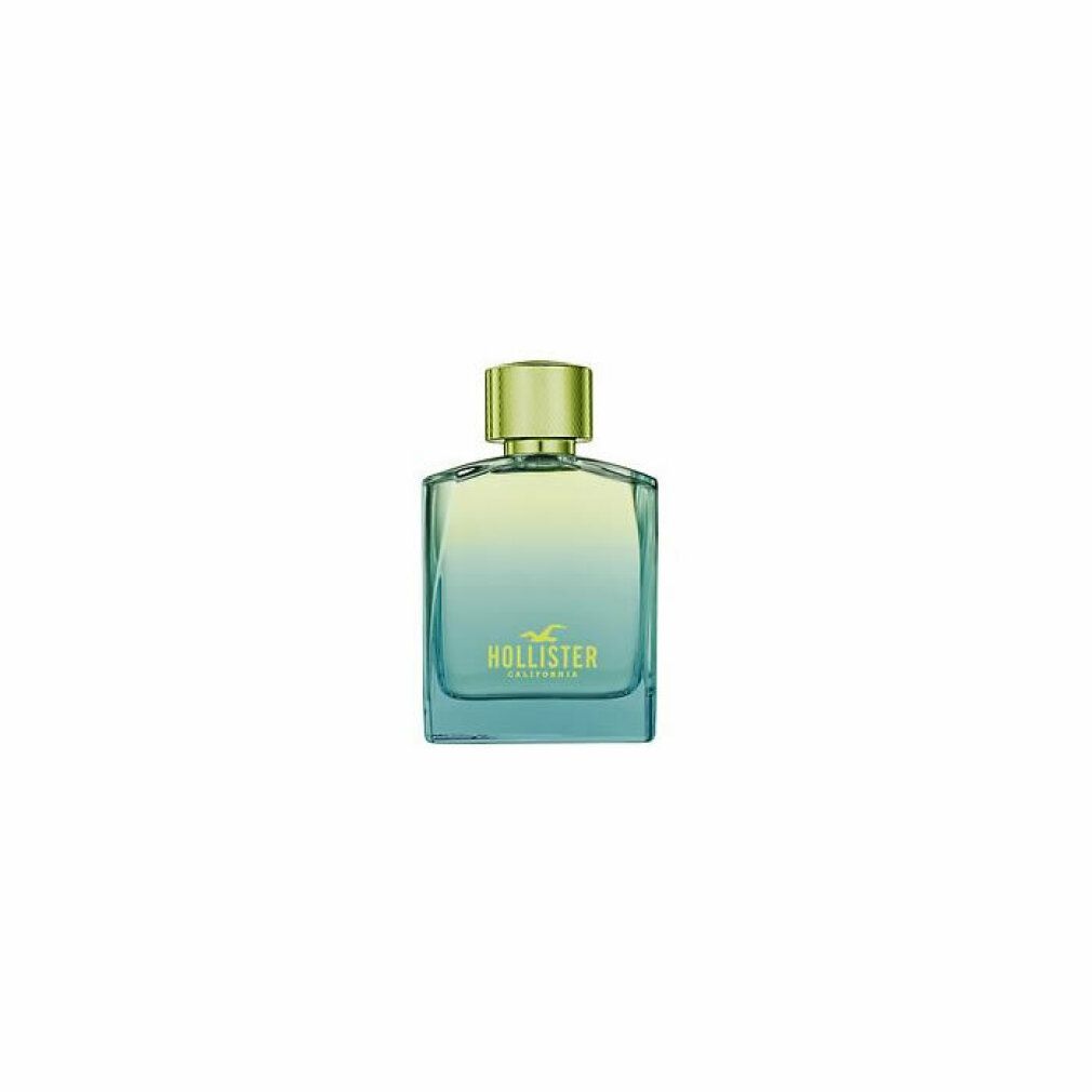 Flacone di Hollister Wave 2 Eau de Toilette Spray. Design blu-verde, tappo dorato. Scritta: Hollister.