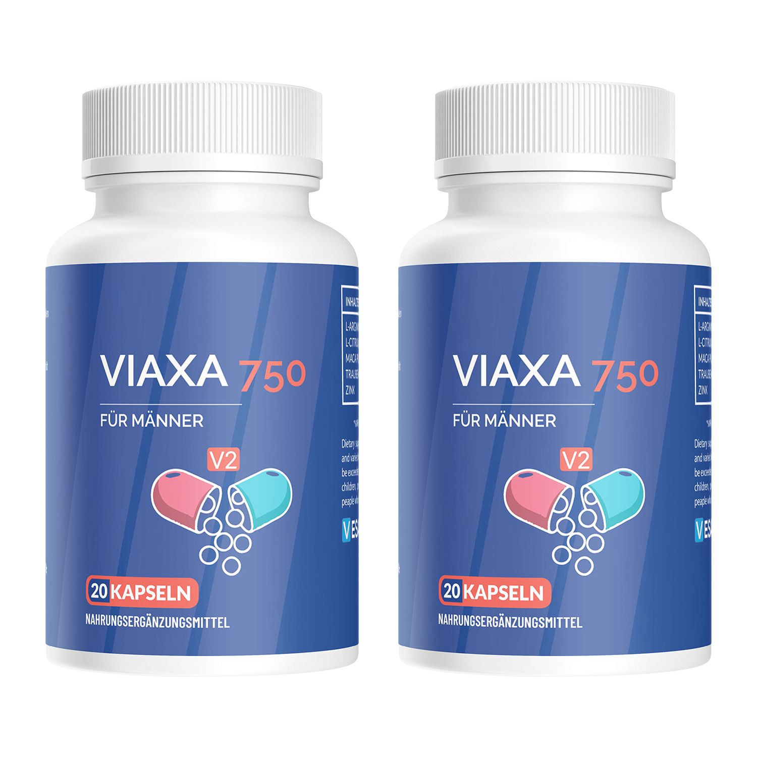 Due bottiglie bianche con etichette blu. Scritta: VIAXA 750 PER UOMINI, 20 CAPSULE. Illustrazione di una capsula.
