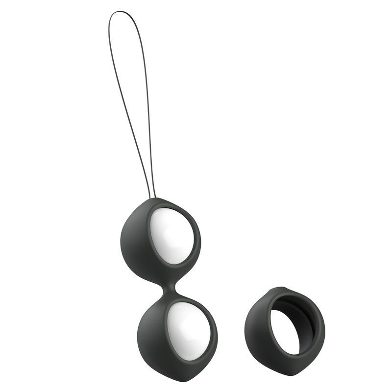 Due sfere di Kegel nere con nucleo bianco, collegate da un laccio. Un anello nero è accanto.