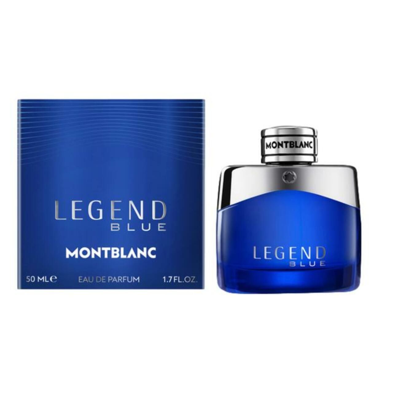 Flacone e scatola blu. Scritta: LEGEND BLUE, MONTBLANC. 50 ml, Eau de Parfum, 1.7 FL.OZ.