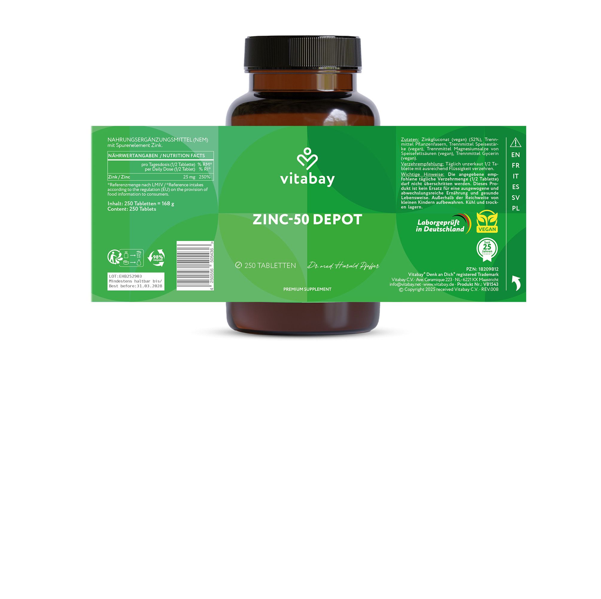 Flacone marrone con etichetta verde. Scritto: Vitabay ZINC-50 DEPOT, 250 compresse. Dettagli etichetta.