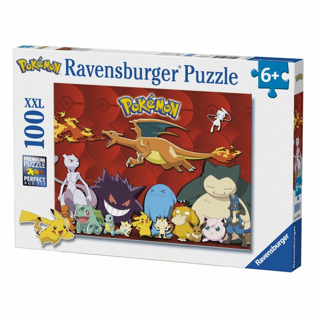 Scatola puzzle Pokémon. Contiene 100 pezzi XXL. Illustrazione di personaggi Pokémon. Marca: Ravensburger. Adatto a bambini dai 6 anni in su.