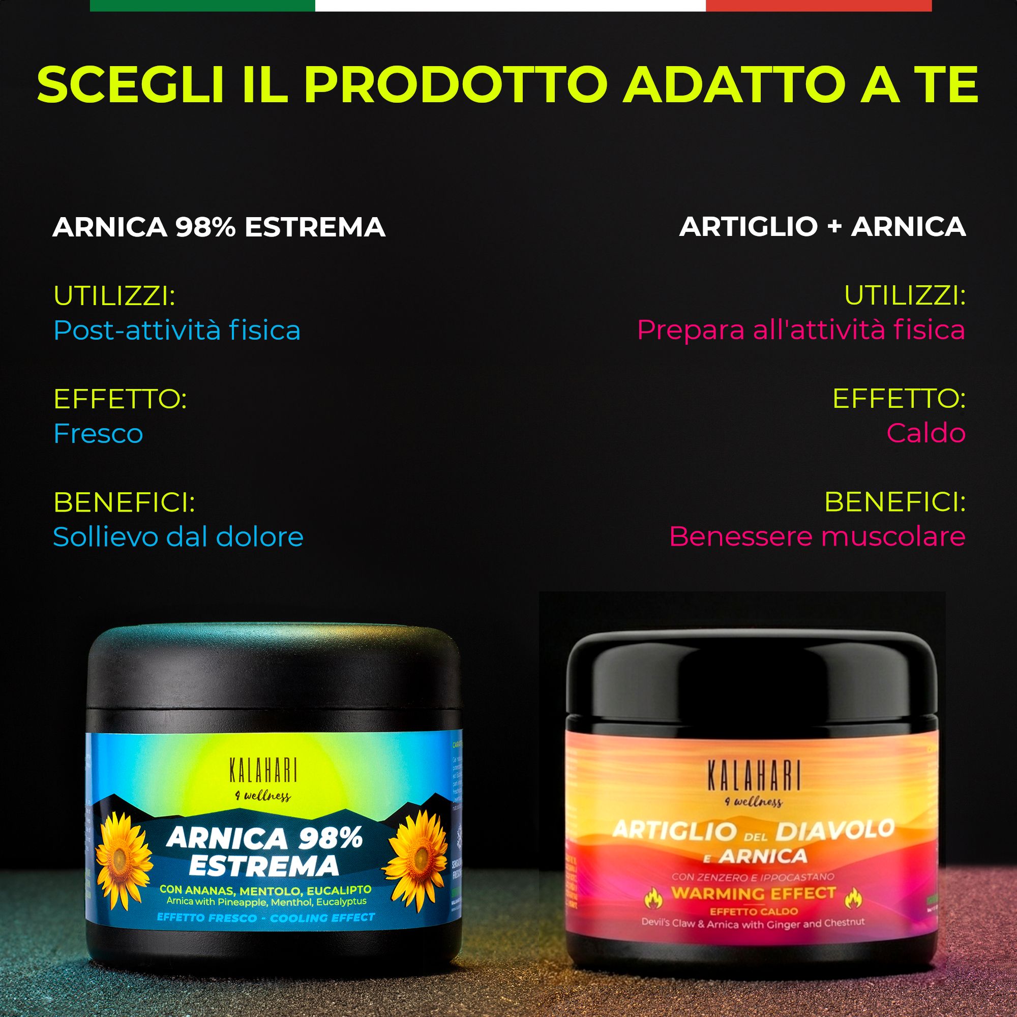 Confronto Arnica 98% Estrema e Artiglio del Diavolo + Arnica con immagini dei prodotti.