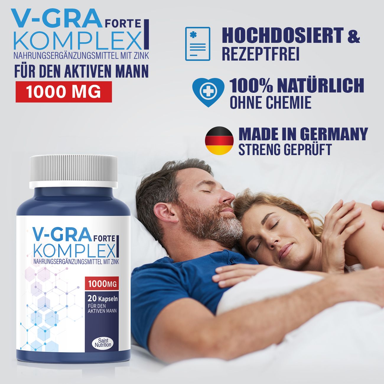 Flacone del prodotto accanto a una coppia che dorme. Testo: V-GRA Forte Komplex, 1000mg, 20 capsule. Testi aggiuntivi: Ad alto dosaggio e senza ricetta.