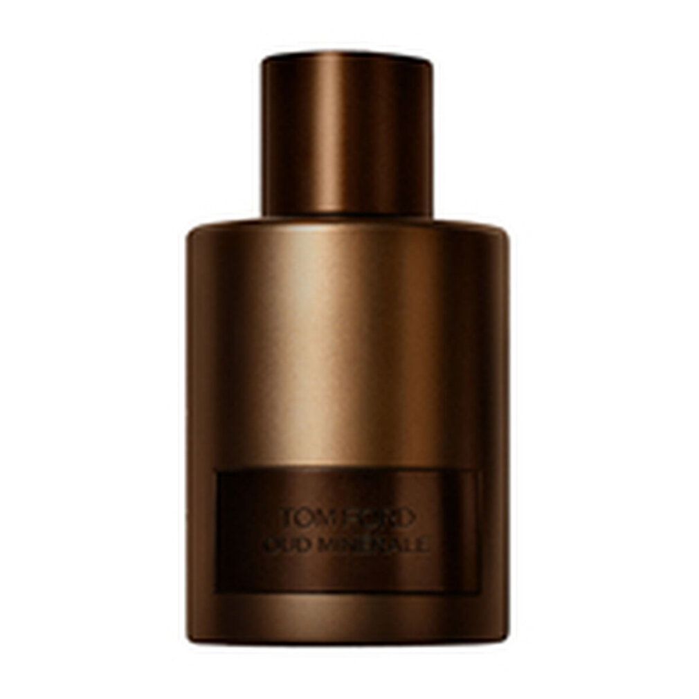 Flacone dorato con tappo marrone ed etichetta rettangolare con testo TOM FORD OUD MINERALE.