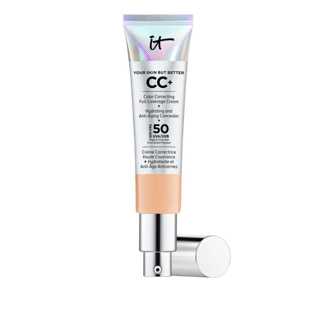 Tubo CC+ Crema Fondotinta SPF 50 Neutro Medio. Tubo argento con informazioni. Tappo accanto.