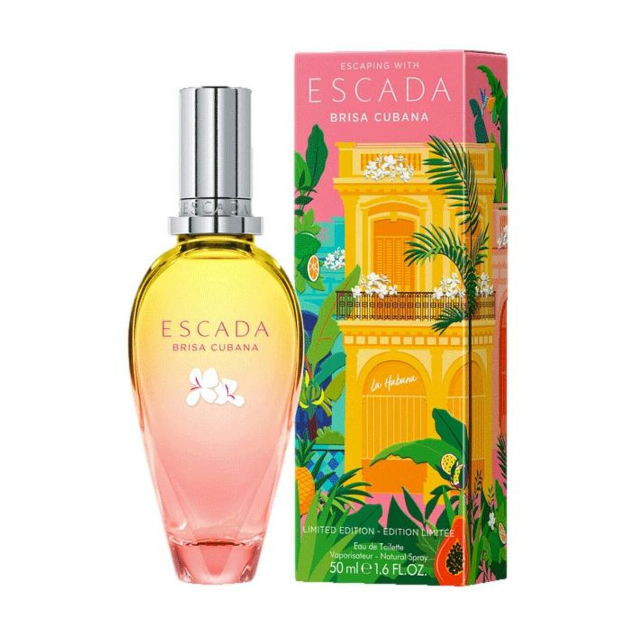 Escada Brisa Cubana E.d.T. Nat. Spray. Flacone e confezione. Flacone sfumato, confezione illustrata.