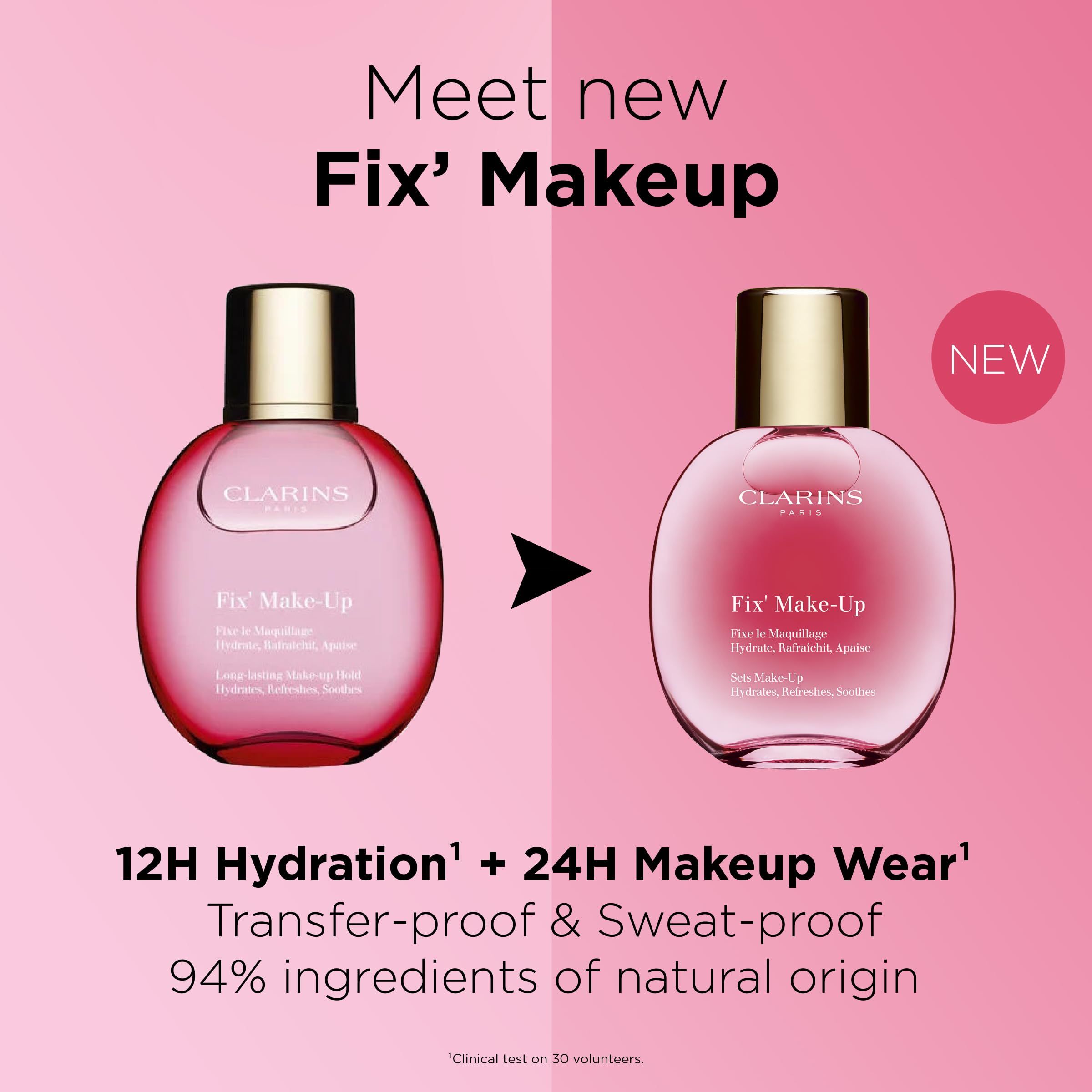 Due flaconi rosa con tappi dorati. Testo: Fix' Make-Up. Testo: 12H Hydration + 24H Makeup Wear. Sfondo: rosa.