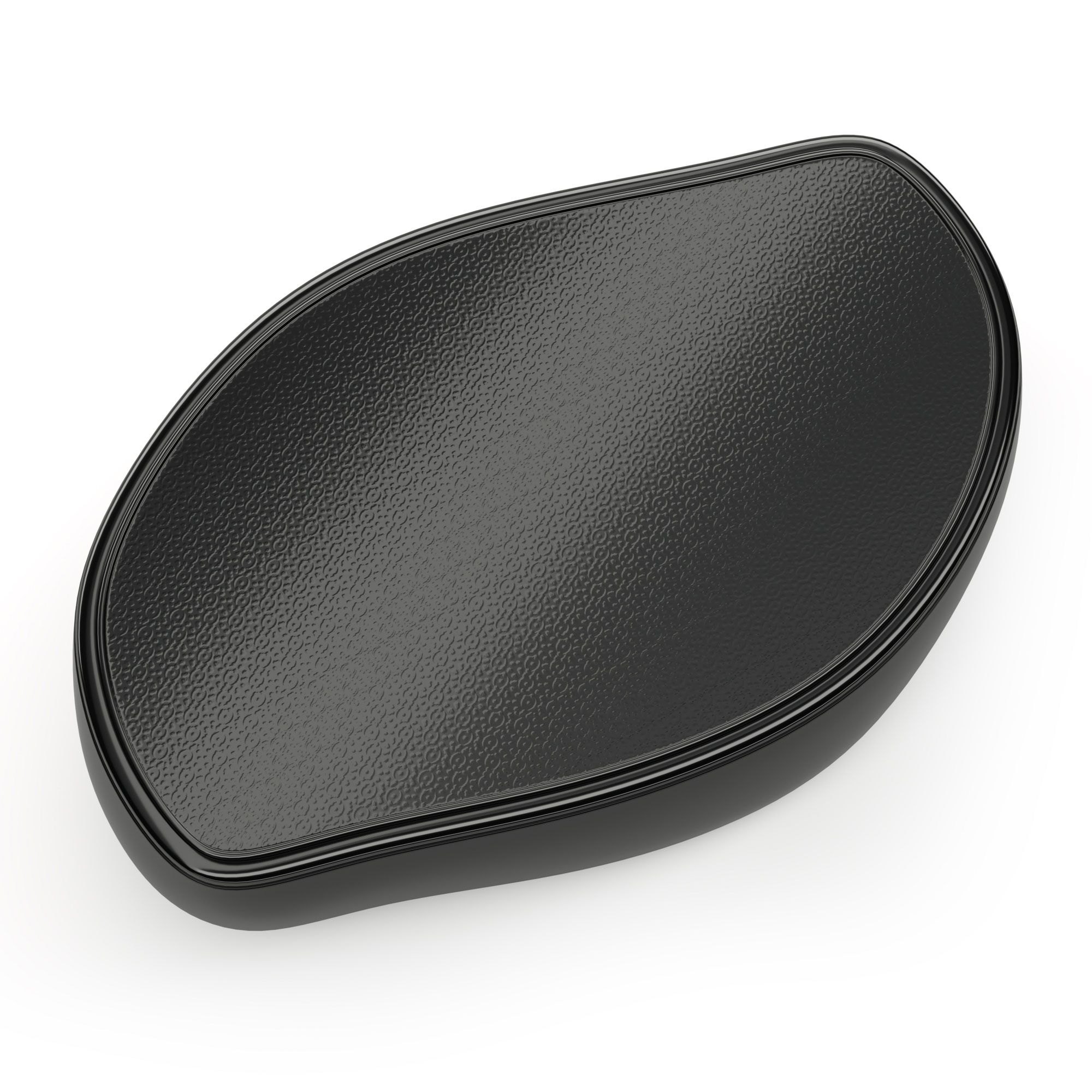 Dispositivo nero ovale con superficie strutturata e bordi arrotondati.